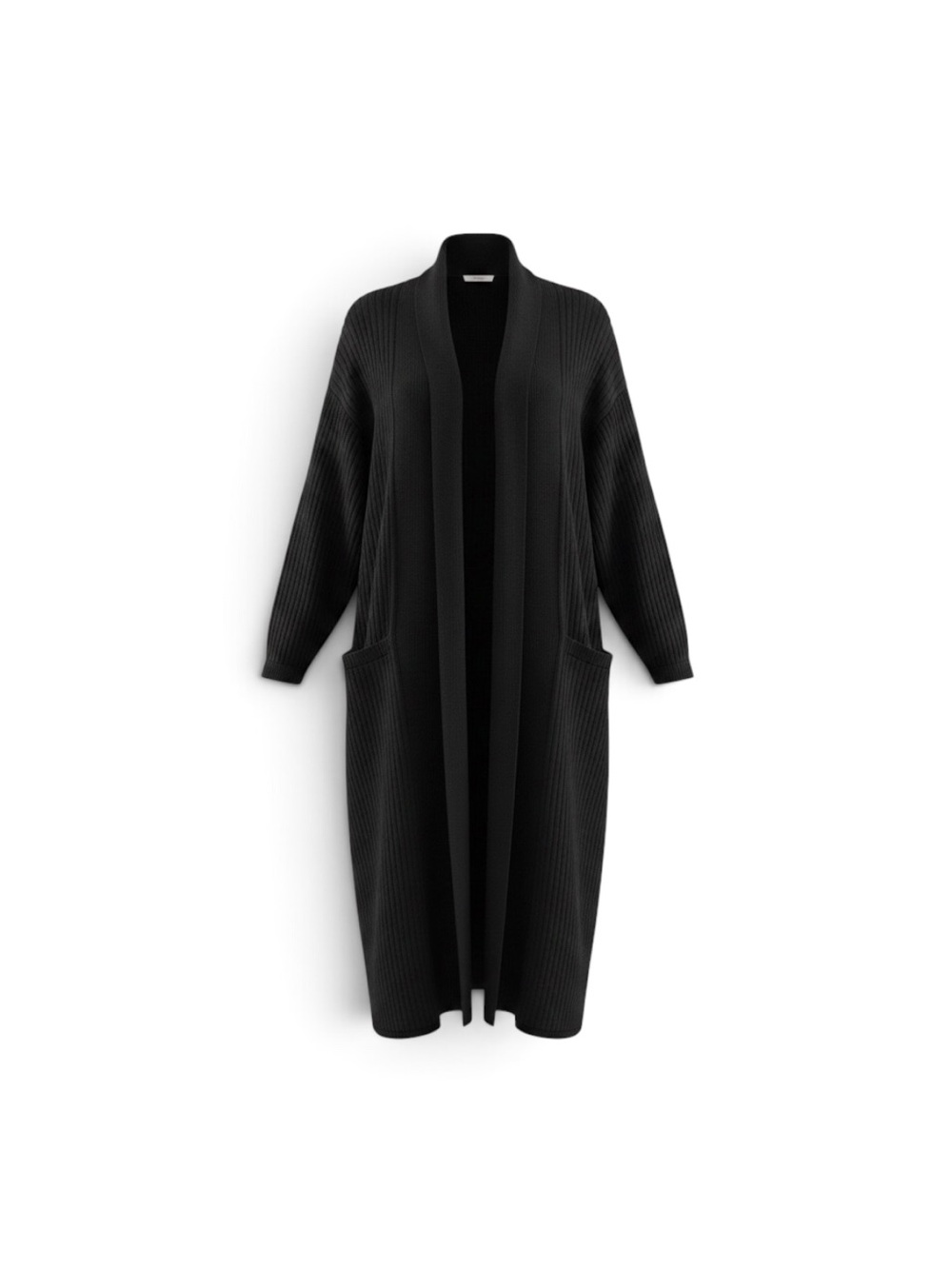 Luxury Wool Black Ribbed Open-Front Longline Cardigan Universal Size